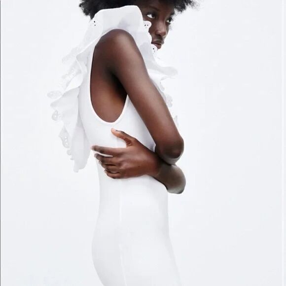 Zara White Eyelet Ruffle Collar Bodycon Mini Dress NWOT - Picture 9 of 9